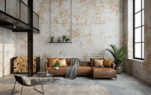 Industrial Loft Living Room Interior With Sofa,chair And Brick Wall.3d Rendering
