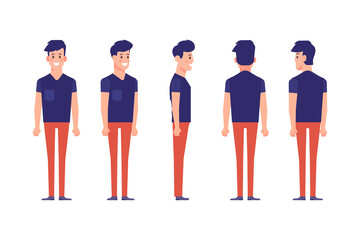 Man, male, guy  front, side, back view flat vector character for animation.