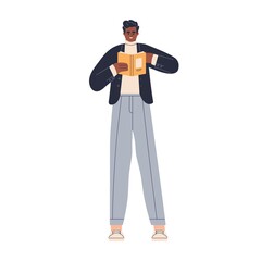 Poster - Black man holding open book, reading, finding information. Happy student guy standing with academic literature in hands. Reader with textbook. Flat vector illustration isolated on white background