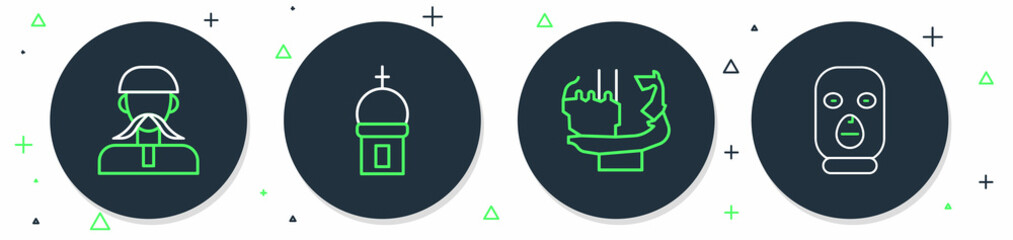 Sticker - Set line Church tower, Monument founders of Kiev, Ukrainian cossack and Thief mask icon. Vector