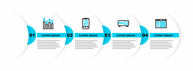 Poster - Set line Drum machine, Guitar amplifier, Music player and equalizer icon. Vector