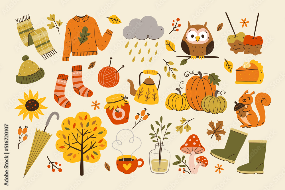 Cute autumn objects isolated. Collection of seasonal things like ...