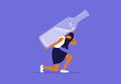 Alcoholism abuse vector Illustration. Woman holding huge alcohol drink bottle on shoulders. Sad unhappy female person carrying heavy alco addiction. Social issue concept, drunk wife, alcoholic mother