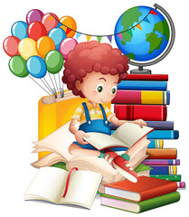 Wall Mural - A boy reading books on a stack of books