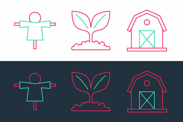 Poster - Set line Farm house, Scarecrow and Plant icon. Vector