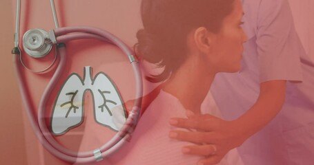 Wall Mural - Animation of caucasian woman with doctor over lungs and stethoscope