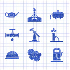 Set Oil pump or pump jack, CO2 emissions in cloud, Petrol gas station, Worker safety helmet, Broken pipe with leaking water, industrial factory building and Canister for motor oil icon. Vector