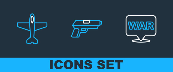 Wall Mural - Set line The word war, Plane and Pistol gun icon. Vector