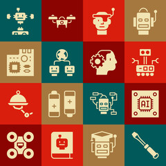 Poster - Set Screwdriver, Processor with microcircuits CPU, Robot, Smart glasses, Artificial intelligence, Motherboard digital chip, Disassembled robot and Humanoid icon. Vector