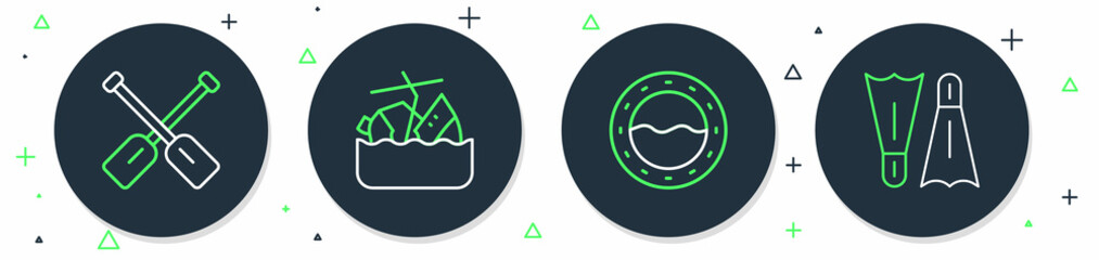 Sticker - Set line Sinking cruise ship, Ship porthole, Paddle and Flippers for swimming icon. Vector