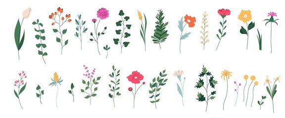 collection of blooming flowers and leaves. spring floral flat vector illustration isolated on white 