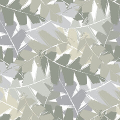 Abstract mono print style leaves seamless vector pattern background. Texture backdrop with overlapping layered cut out foliage. Neutral ecru beige design. Painterly botanical all over print for summer