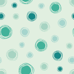 Wall Mural - Doodle round abstract seamless pattern. Vector organic background with scribble lines, dots and bubbles. Hand drawn shapes in green color palette.