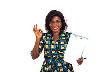 Sticker - business woman showing clipboard and doing okay gesture smiling.