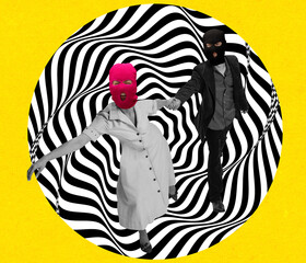 Contemporary art collage. Man and woman dressed in retro style, wearing balaclavas and running isolated over hypnotic design background. Surrealism