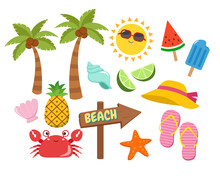 Summer Tropical Beach Elements Collection. Flat Vector Cartoon Design