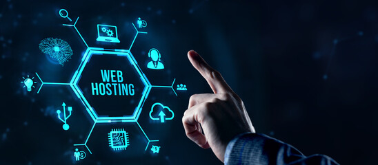 Internet, business, Technology and network concept. Web Hosting. The activity of providing storage space and access for websites. Virtual button.