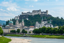 View Of Salzburg Cathedral, St Peter's Abbey And Hohensalzburg Fortress In The Background, Salzburg, Austria