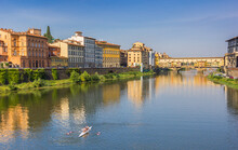 Rowing Boat On The River Arno In Florence, Italy