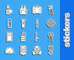 Sticker - Set line Military reward medal, Radar, Target sport for shooting competition, ammunition box, Flashlight, Bullet, dog tag and knife icon. Vector