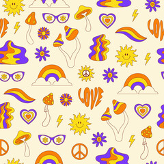 Poster - Retro groovy seamless pattern with hippie elements on a light background. Vector illustration in style 70s, 80s
