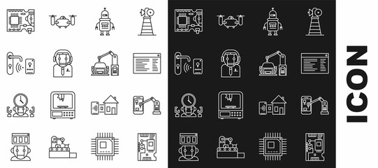 Sticker - Set line Electronic computer components motherboard digital chip, Robot, Worker, Digital door lock with wireless technology for unlock, Printed circuit PCB and icon. Vector