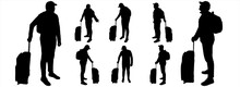 A Tourist With A Suitcase On Wheels, A Backpack Behind His Back, In A Cap. The Tourist Is Excited And Worried About Something. Side View, Full Face. Eight Black Male Silhouettes Isolated On White