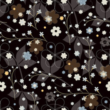 Vector Seamless Floral Brown Pattern For Wallpaper, Fabric, Wrapping Paper. Small Floret And Leaves On A Dark Background.