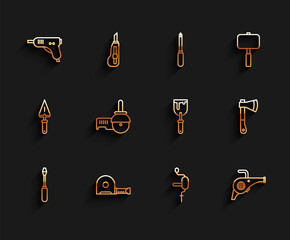 Sticker - Set line Screwdriver, Roulette construction, Electric hot glue gun, Hand drill, Leaf garden blower, Angle grinder, Wooden axe and Putty knife icon. Vector