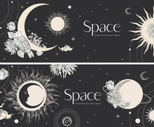 Black Magic Banners For Astrology, Fortune Telling, Horoscopes. Space Background.