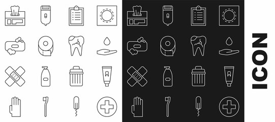 Sticker - Set line Cross hospital medical, Tube of toothpaste, Washing hands with soap, Clipboard checklist, Toilet paper roll, Bar, Wet wipe pack and Broken icon. Vector