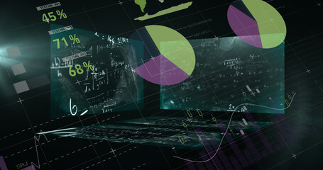 Image of statistics and data processing with mathematical equations on screens