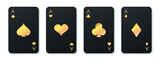 Fototapeta Zachód słońca - Four black aces playing card suits set. Golden hearts, spades, diamonds, clubs cards sign. A winning poker hand. Poker, gambling concept. Template for casino, web design. Vector illustration
