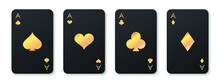 Four Black Aces Playing Card Suits Set. Golden Hearts, Spades, Diamonds, Clubs Cards Sign. A Winning Poker Hand. Poker, Gambling Concept. Template For Casino, Web Design. Vector Illustration