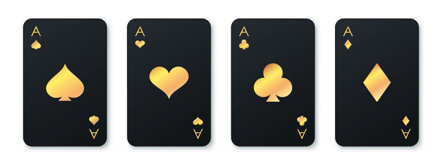 Four black aces playing card suits set. Golden hearts, spades, diamonds, clubs cards sign. A winning poker hand. Poker, gambling concept. Template for casino, web design. Vector illustration