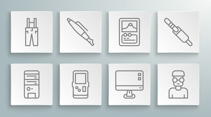 Poster - Set line Computer, Fountain pen nib, Tetris, monitor screen, Nerd geek, Card game, Audio jack and Pants with suspenders icon. Vector