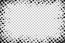 Comic Frame. Halftone Cartoon Border. Pop Art Dot. Attention Pattern. Faded Texture. Black Line Isolated On Transparent Background. Anime Lines Design For Prints. Grunge Dots. Vector Illustration
