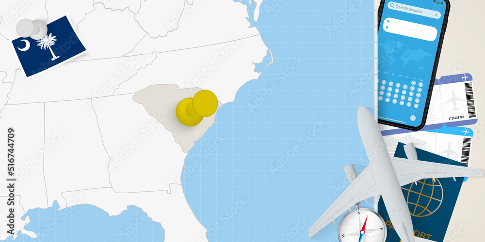 Travel to South Carolina concept, map with pin on map of South Carolina