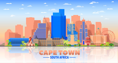 Wall Mural - Cape Town skyline with panorama in white background. Vector Illustration. Business travel and tourism concept with modern buildings. Image for presentation, banner, web site.