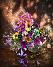 Bouquet With Montbrecia, Stonecrop, Chrysanthemum, Aster, Clematis, Hosta