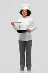 Sticker - food cooking, culinary and people concept - happy smiling female chef with frying pan over grey background