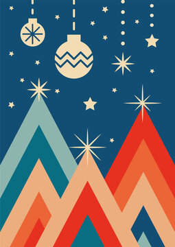Retro vintage Christmas greeting card with trees and tree toys . Groove Christmas card. Vector illustration