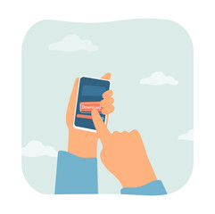 Poster - Finger pressing download button on phone screen. Person downloading mobile application flat vector illustration. Device, connection, service concept for banner, website design or landing web page