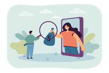 Poster - Man with magnifier receiving money bag from phone screen. Person earning cashback, making money online flat vector illustration. Profit, income concept for banner, website design or landing web page