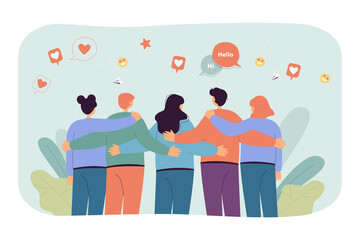 Poster - Back view of hugging friends flat vector illustration. Speech bubbles, like symbols above girls and boys. Online communication, social networks concept for banner, website design or landing web page