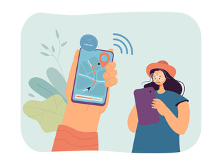 Poster - Woman calling cab by mobile phone flat vector illustration. Girl waiting for taxi. Internet, transportation, service, connection concept for banner, website design or landing web page