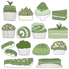 Wall Mural - Vector illustration of hand drawn green tea cake and dessert in doodle art style