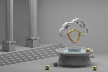 Aufkleber - Beautiful abstract illustrations Cloud Database Security symbol icon on a fountain and column background. 3d rendering illustration. Web Hosting.