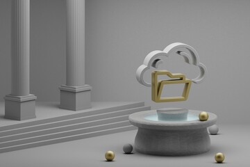 Fototapete - Beautiful abstract illustrations Cloud Server Storage folder  symbol icon on a fountain and column background. 3d rendering illustration. Web Hosting.
