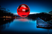 湖、赤、球体、３D
